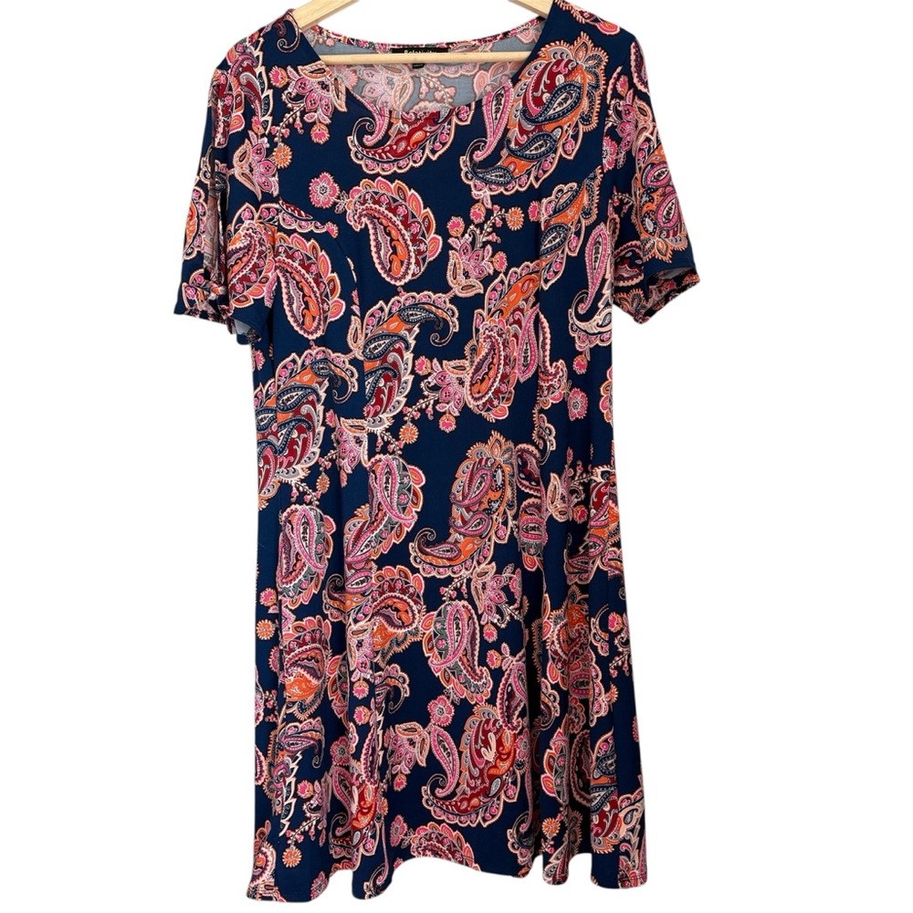 Bold Paisley Print Dress - Relativity Brand Short Sleeve Multicolor Size M